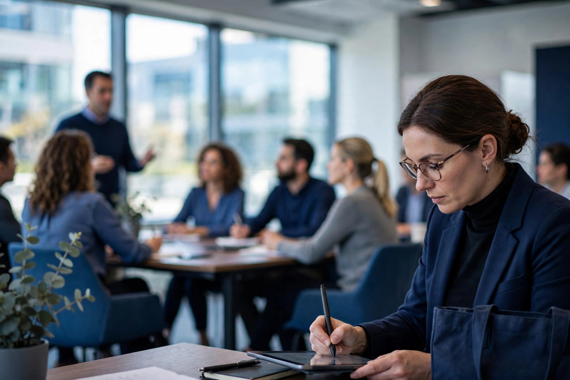 An evaluator observing a training session and taking notes on a tablet